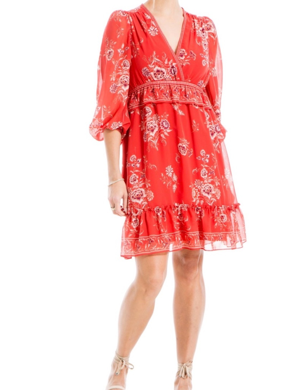 Max Studio Red Floral V-Neck Mini Dress